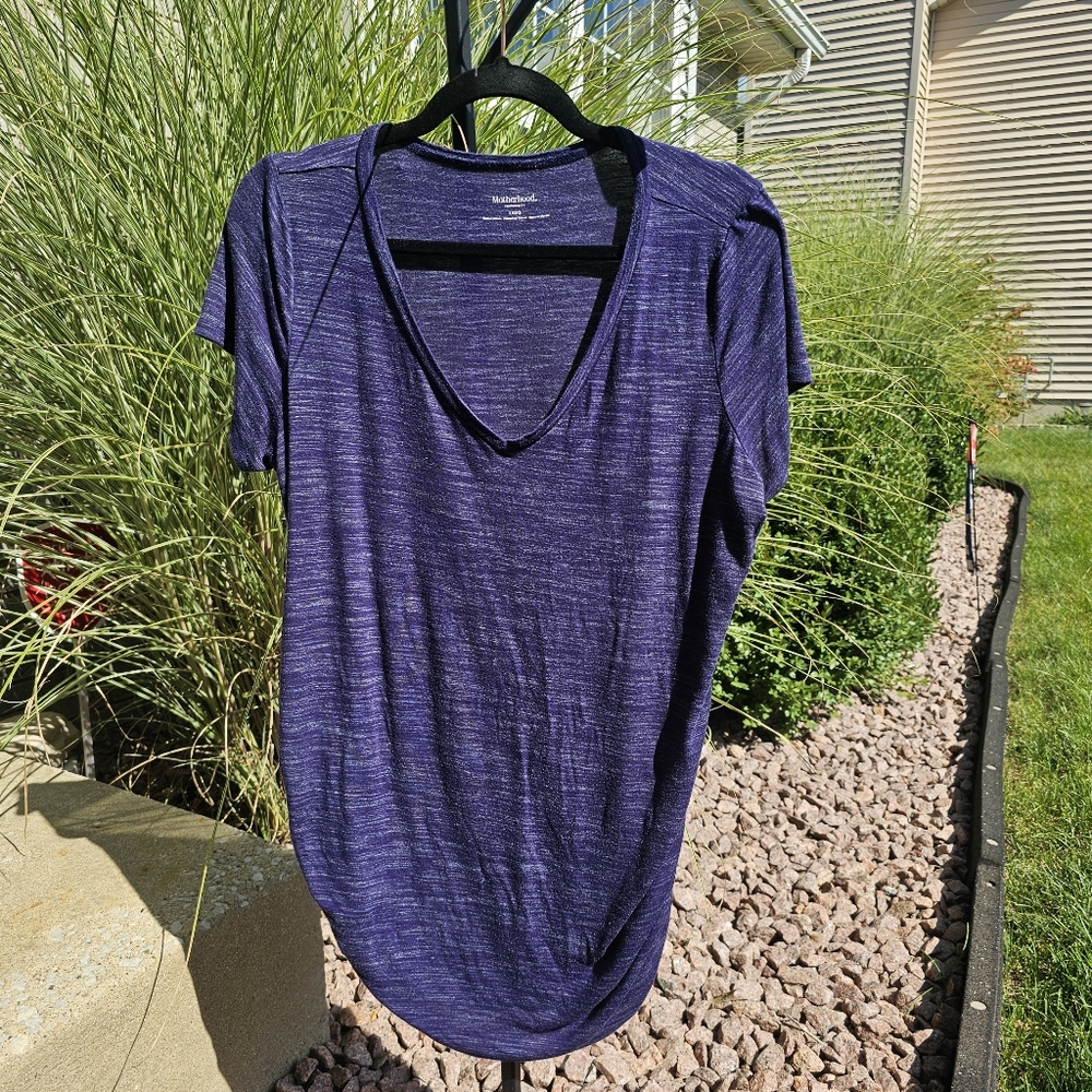 Motherhood Heather Blue Short Sleeve V-neck Maternity Shirt Size Large